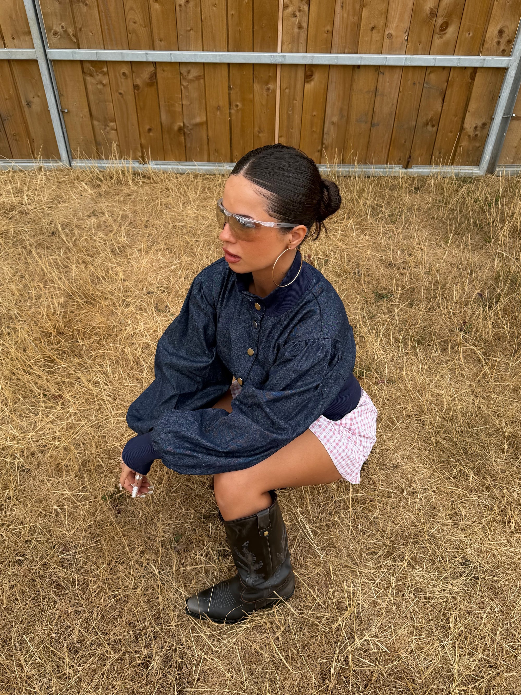 Red and white gingham Wild Lovers Mirielle shorts styled with a statement button-up denim jacket.