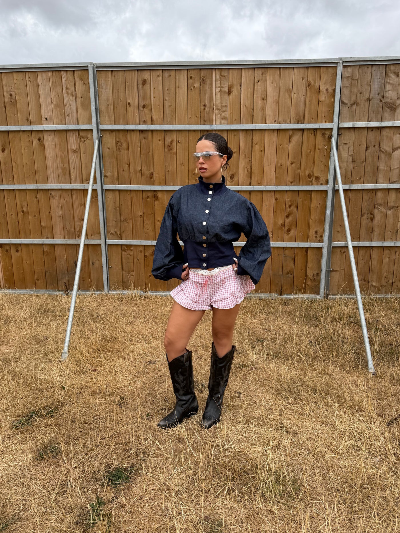 Red and white gingham Wild Lovers Mirielle shorts styled with a statement button-up denim jacket.