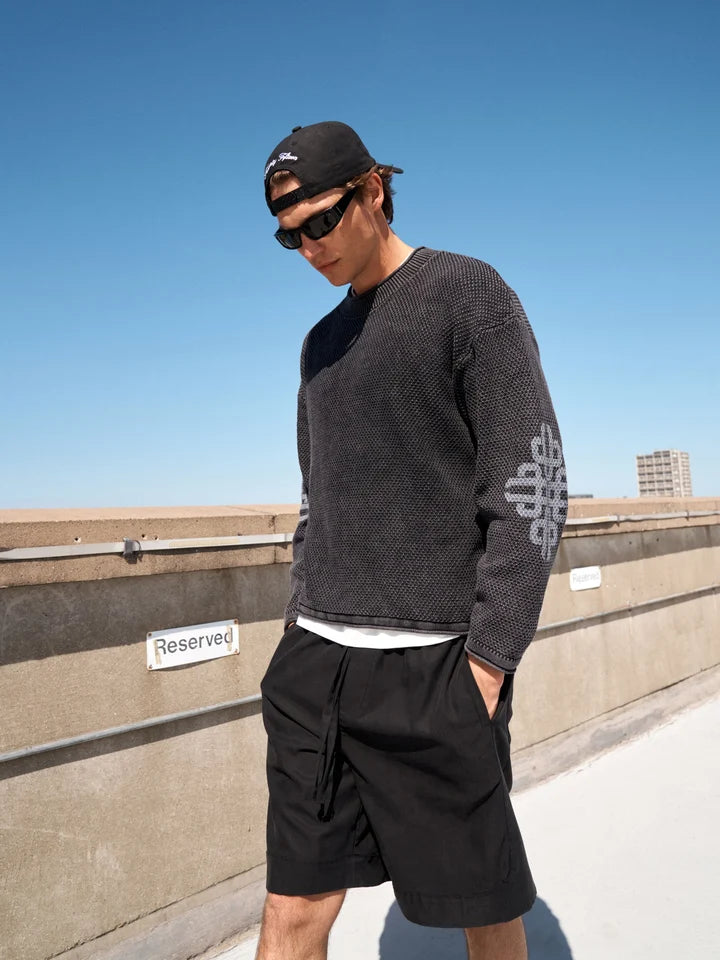 Washed Emblem Knit Crew - Black