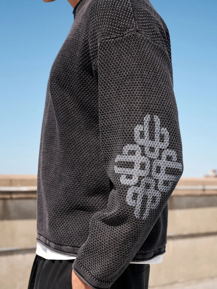 Washed Emblem Knit Crew - Black