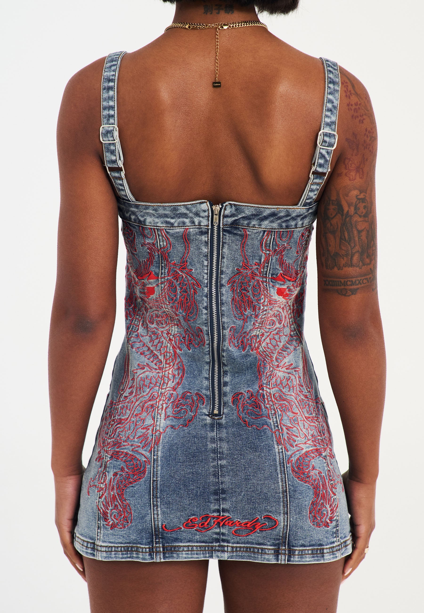 Ed Hardy Womens Dragon Flame Denim Mini Dress - Mid Blue – Just Hazaar