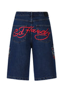 Ed Hardy Mens Hell Cats Diamante Denim Jorts Shorts  - Indigo