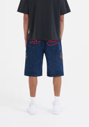Ed Hardy Mens Hell Cats Diamante Denim Jorts Shorts - Indigo