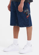 Ed Hardy Mens Hell Cats Diamante Denim Jorts Shorts - Indigo