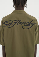 Ed Hardy Mens Offset Dragon Camp Short Sleeve Shirt - Green