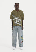 Ed Hardy Mens Offset Dragon Camp Short Sleeve Shirt - Green