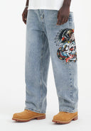 Ed Hardy Mens Skull-snake-eagle Diamante Denim Trousers Jeans - Bleach