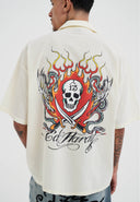 Ed Hardy Mens Snakes and Skull Flames Printed Camp Shirt - Beige