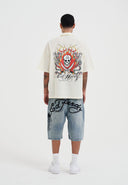 Ed Hardy Mens Snakes and Skull Flames Printed Camp Shirt - Beige