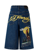 Ed Hardy Womens Born Wild Relaxed Denim Jorts Shorts - Indigo