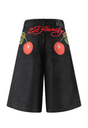 Ed Hardy Womens Cherry Love Bomb Relaxed Denim Jorts Shorts - Black