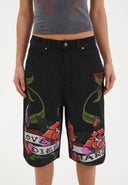 Ed Hardy Womens Cherry Love Bomb Relaxed Denim Jorts Shorts - Black