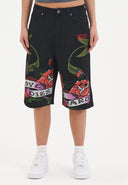 Ed Hardy Womens Cherry Love Bomb Relaxed Denim Jorts Shorts - Black