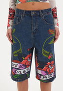 Ed Hardy Womens Cherry Love Bomb Relaxed Denim Jorts Shorts - Indigo