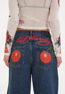 Ed Hardy Womens Cherry Love Bomb Relaxed Denim Jorts Shorts - Indigo