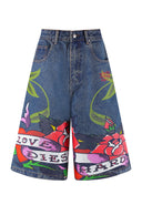 Ed Hardy Womens Cherry Love Bomb Relaxed Denim Jorts Shorts - Indigo