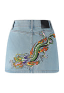Ed Hardy Womens Crawling Dragon Denim Mini Skirt - Blue