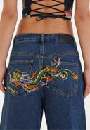 Ed Hardy Womens Dragon Crawl Relaxed Denim Jorts Shorts - Indigo