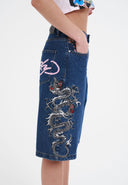 Ed Hardy Womens Grey Dragon Relaxed Denim Jorts Shorts - Indigo