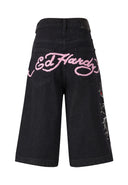 Ed Hardy Womens Grey Dragon Relaxed Denim Jorts Shorts - Black