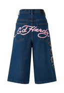 Ed Hardy Womens Grey Dragon Relaxed Denim Jorts Shorts - Indigo