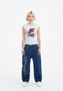 Ed Hardy Womens Koi Wave Diamante Cap Sleeve Tshirt Top - Blue
