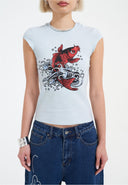 Ed Hardy Womens Koi Wave Diamante Cap Sleeve Tshirt Top - Blue
