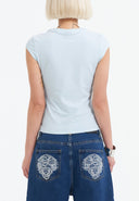 Ed Hardy Womens Koi Wave Diamante Cap Sleeve Tshirt Top - Blue