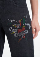 Ed Hardy Womens True Death Diamante Straight Denim Trousers Jeans - Black