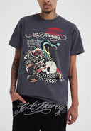 Ed Hardy Mens Drag And Venom At Sunset T-shirt - Charcoal