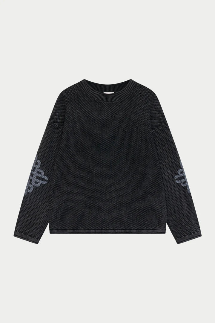 Washed Emblem Knit Crew - Black